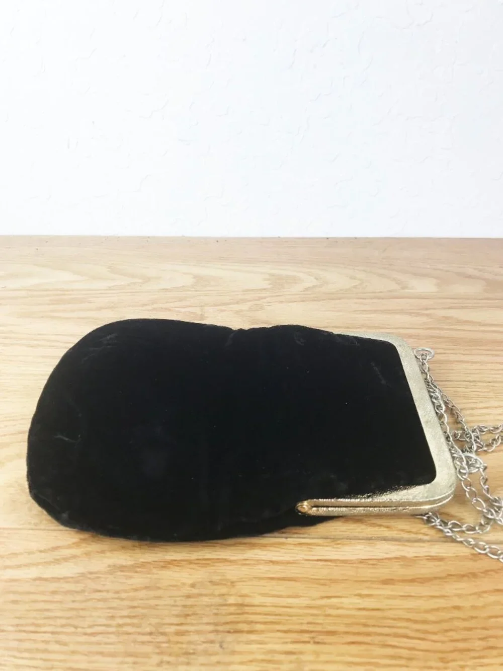 Vintage Black Velvet Evening Bag – Gold Filigree Frame & Silver Chain Strap